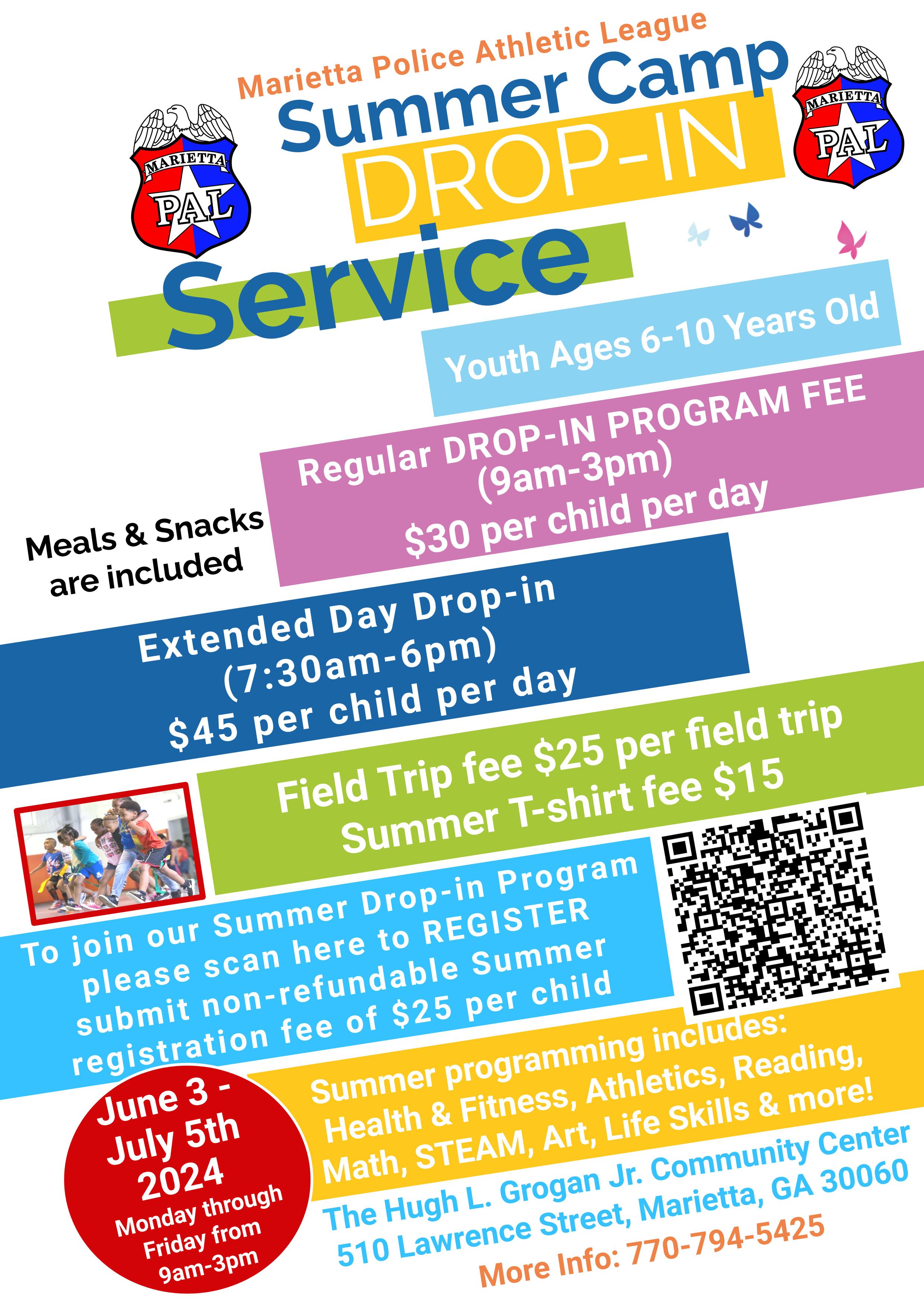 Marietta PALS Summer Camp. Ages 6-10 years old. Scan QR Code to register 